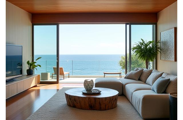 湘南の海辺の邸宅の完成したリビングルーム